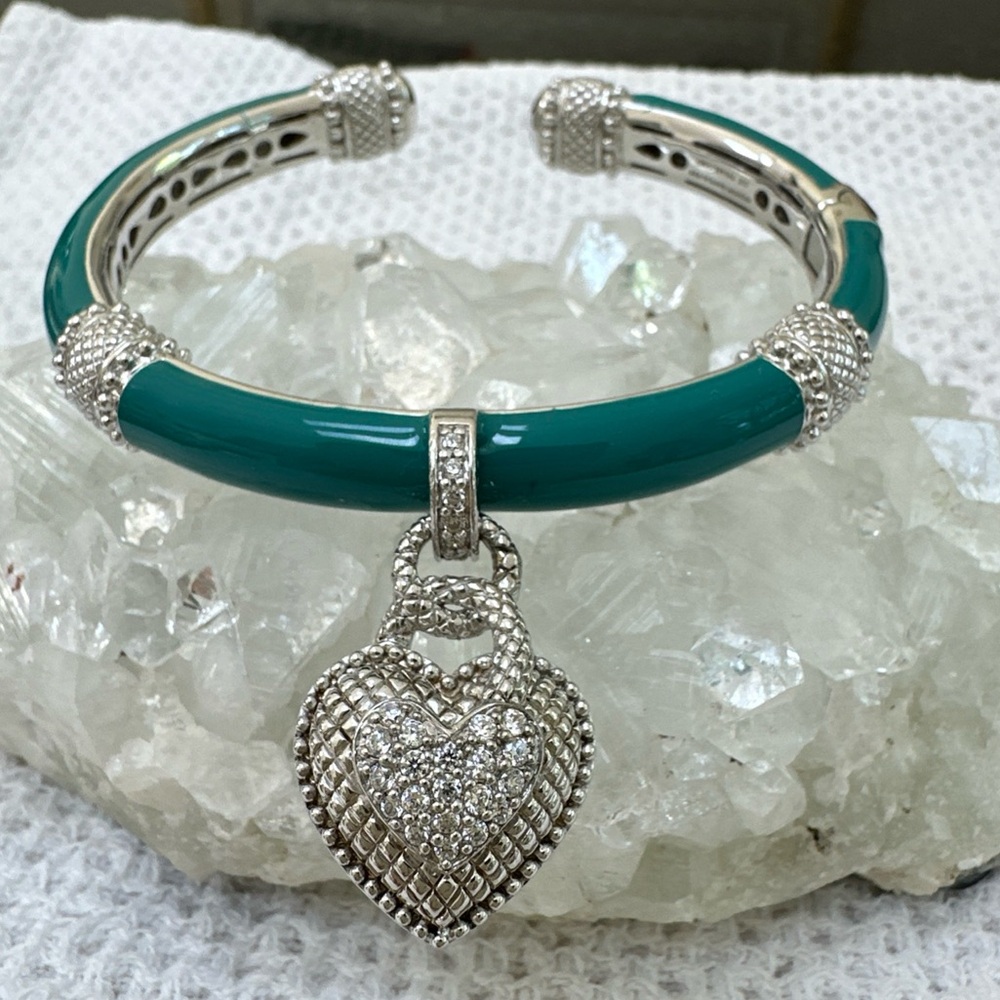 Judith Ripka Turquoise Teal Sterling Silver Enamel Bangle with Pave Heart Charm